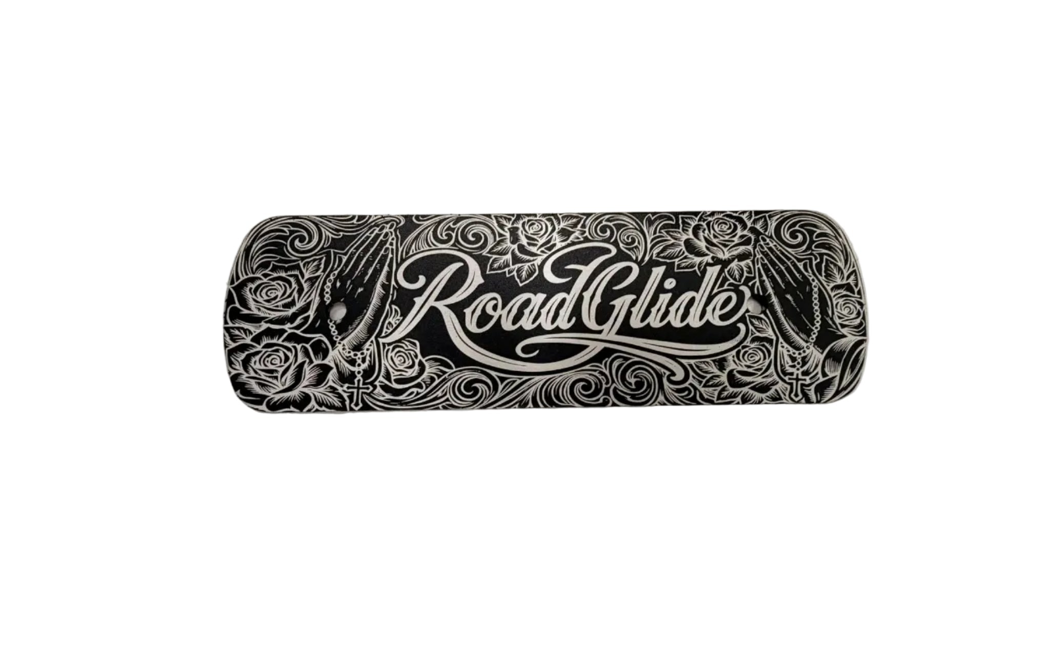 “Inserto filtro aria Harley Milwaukee‑Eight con incisione Road Glide, rose e mani in preghiera”